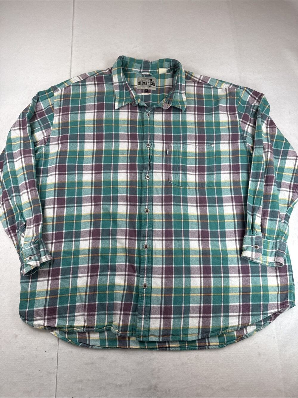Vtg Levis SilverTab Flannel Shirt Mens XXL Oversized Green Purple Plaid 90s Y2K